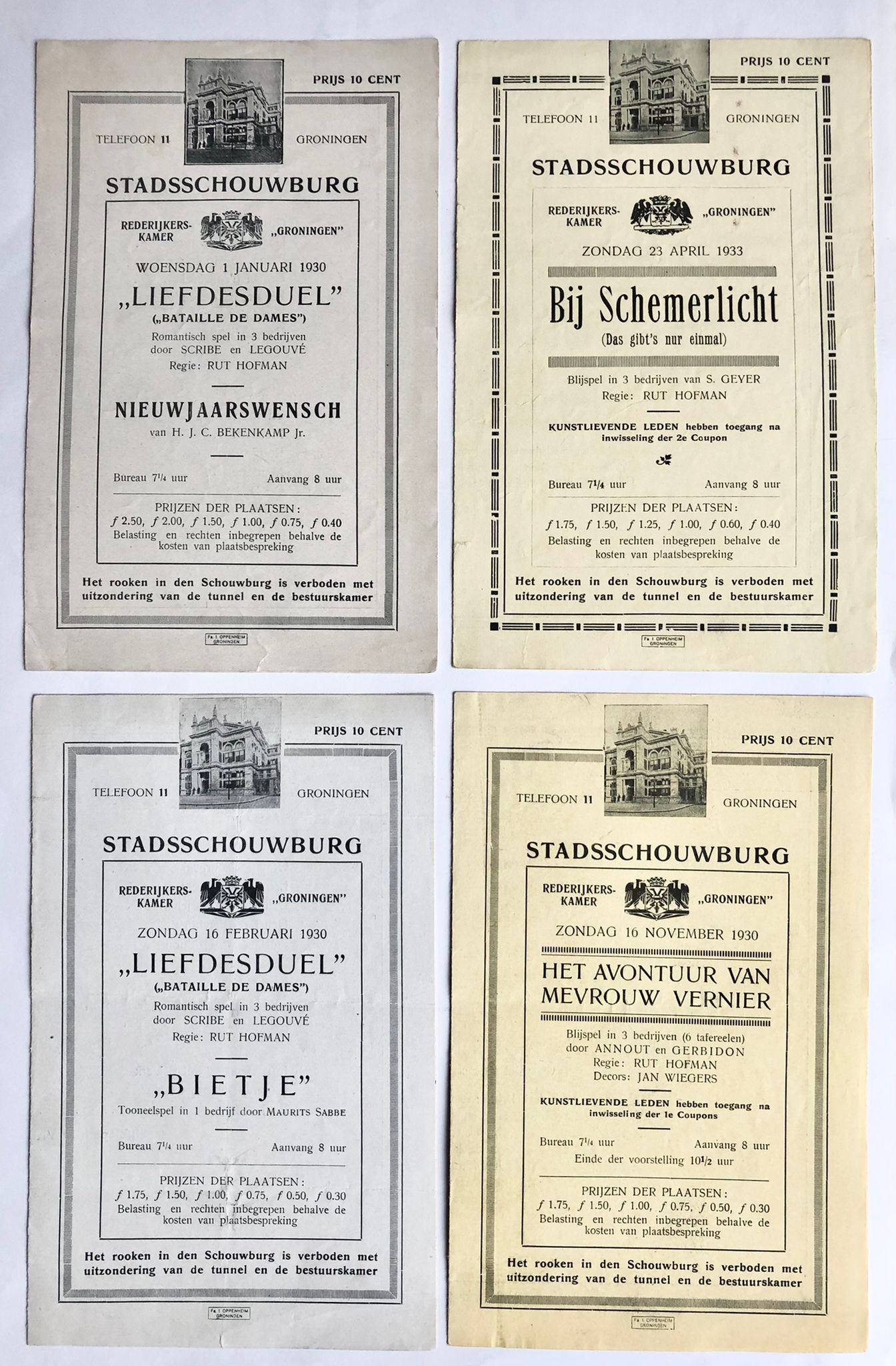 [Groningen, Theatre] 22 programms of Stadsschouwburg Groningen, 1923-1939 (2 pp each).