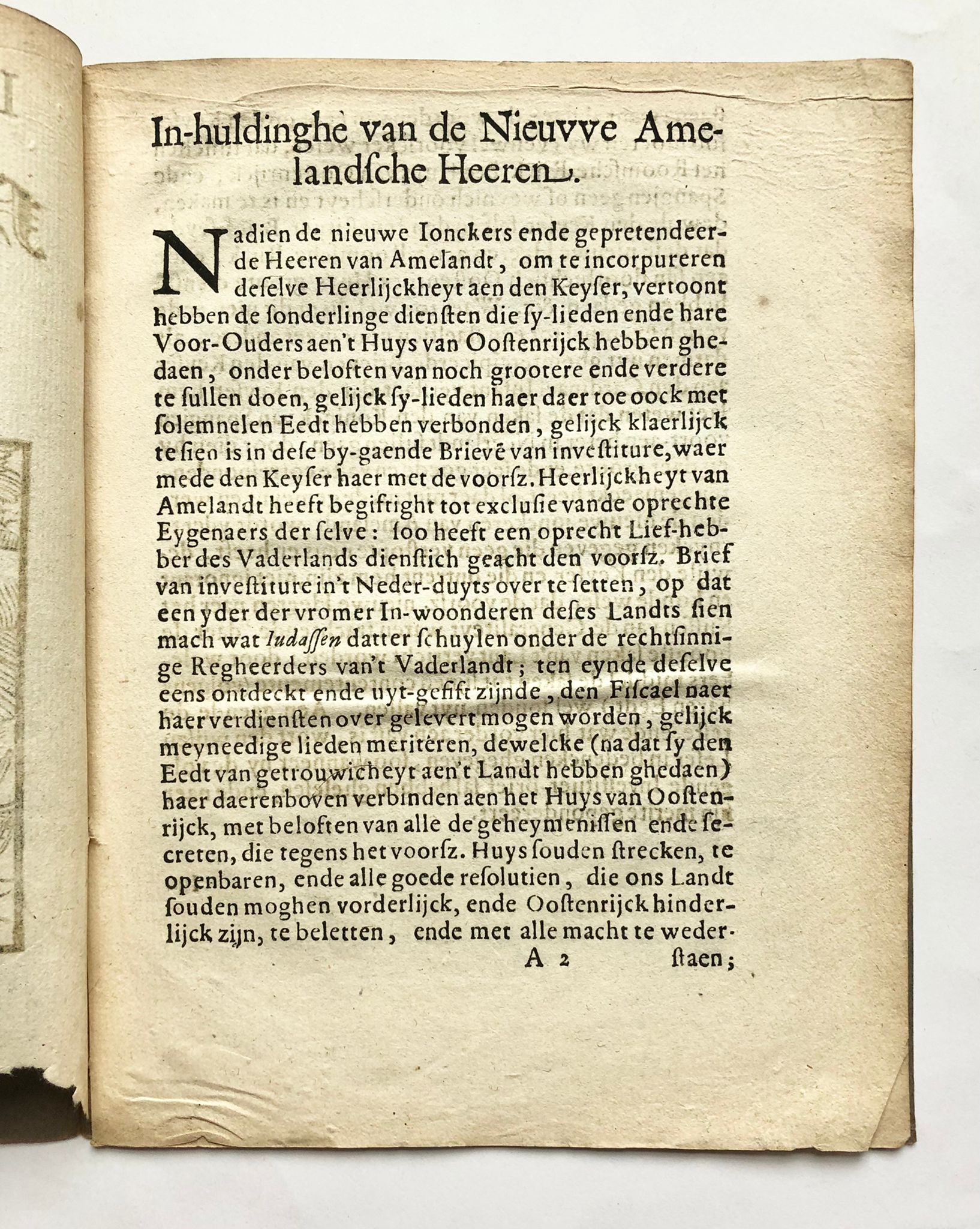 [Pamphlet Ameland, 1637] Inhuldingh van de Nieuwe Amelandsche Heeren, Nae de rechte Copye van Leeuwaerden, Anno 1637, [Den Haag] [Is. Burchoorn] 1637, 6 pp.