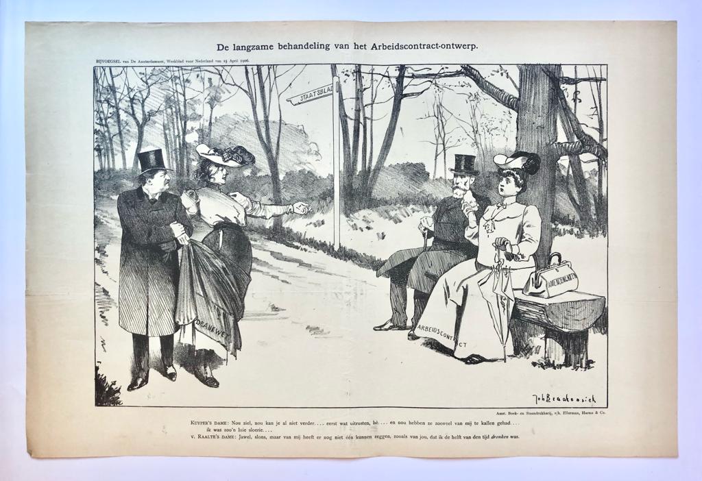 [Original lithograph/lithografie by Johan Braakensiek] De langzame behandeling van het Arbeidscontract-ontwerp, 15 April 1906, 1 pp.