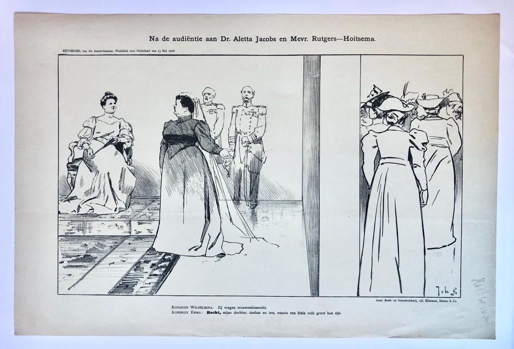 [Original lithograph/lithografie by Johan Braakensiek] Na de audiëntie aan Dr. Aletta Jacobs en Mevr. Rutgers-Hoitsema, 13 Mei 1906, 1 pp.