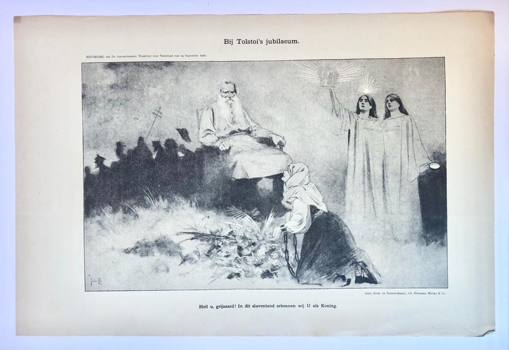 [Original lithograph/lithografie by Johan Braakensiek] Bij Tolstoi's jubilaeum, 29 September 1907, 1 pp.
