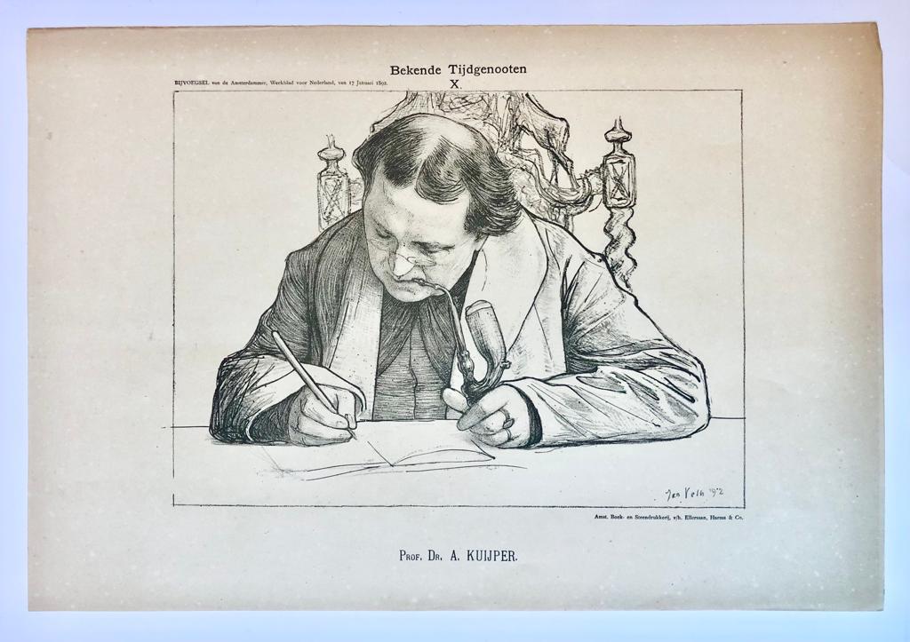 [Original lithograph/lithografie by Johan Braakensiek] Bekende Tijdgenooten X, Prof. Dr. A. Kuijper, 17 Januari 1892, 1 pp.