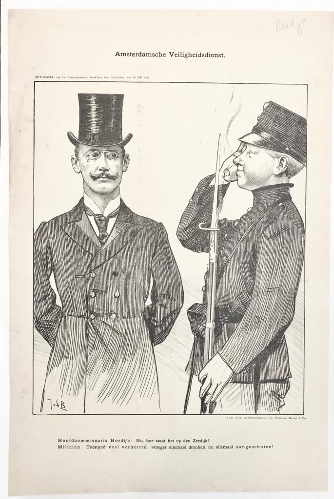 [Original lithograph/lithografie by Johan Braakensiek] Amsterdamsche Veiligheidsdienst, 16 Juli 1911, 1 pp.