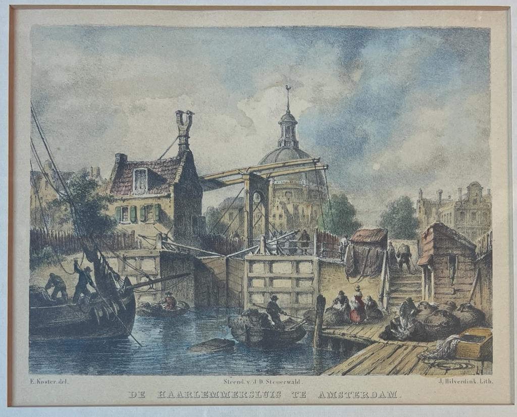 [Framed Coloured lithography, ingelijste gekleurde lithografie, 20th century] De Haarlemmersluis te Amsterdam, Steendruk van J.D. Steuerwald, 1 p.