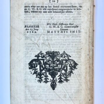 [Friesland, Franeker, 1769] Brief van Dr. Matthys Smit, aan den wel edelen gestrengen Heere J. C. Copes van Hasselt, momboir des Hertogdoms gelder, en graafschaps Zutphen. Over Zyn Ed. onlangs uitgekoomen advys, rakende het Heerlyck Lheen de Nyefenne, geleegen in de Grietenie van het Bildt. By Nicolaas Udink, te Franeker, 1769, 20 pp.