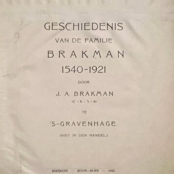 Geschiedenis van de familie Brakman 1540-1921. Breskens 1922, 177 p., met tabellen. Exemplaar met register in handschrift (door Van der Poest Clement) en losse kaart van de Wulpenpolder in 1773 (blauwdruk), geb.