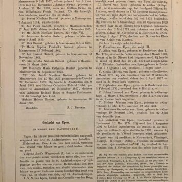 Genealogie van het geslacht Van Epen. Overdruk A.N.F. (1885/1886), 4 p., met gekleurde wapenplaat.