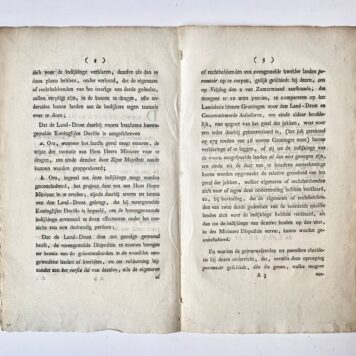[Groningen, 1809] Kennisgeving van den Land-Drost in het departement Groningen, waarbij de eigenaars of regthebbenden der Buitendijks aangespoelde landen achter de karspelen Usquert, Warffum, den Andel en een gedeelte van Wester-Nieuwland, peremtoir worden opgeroepen, om zich vóór of tegen de indijking dier kwelderlanden ter verklaren. Van den 15 van Bloeimaand 1809, Ter drukkerij van J. H. Bolt, Te Groningen, 1809, 6 pp.