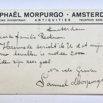 [Post card 1912] Briefkaart van Samuel Morpurgo, d.d. Amsterdam 28-9-1912 aan antiquair J. Reckman, Groot Heiligland te Haarlem. Manuscript.