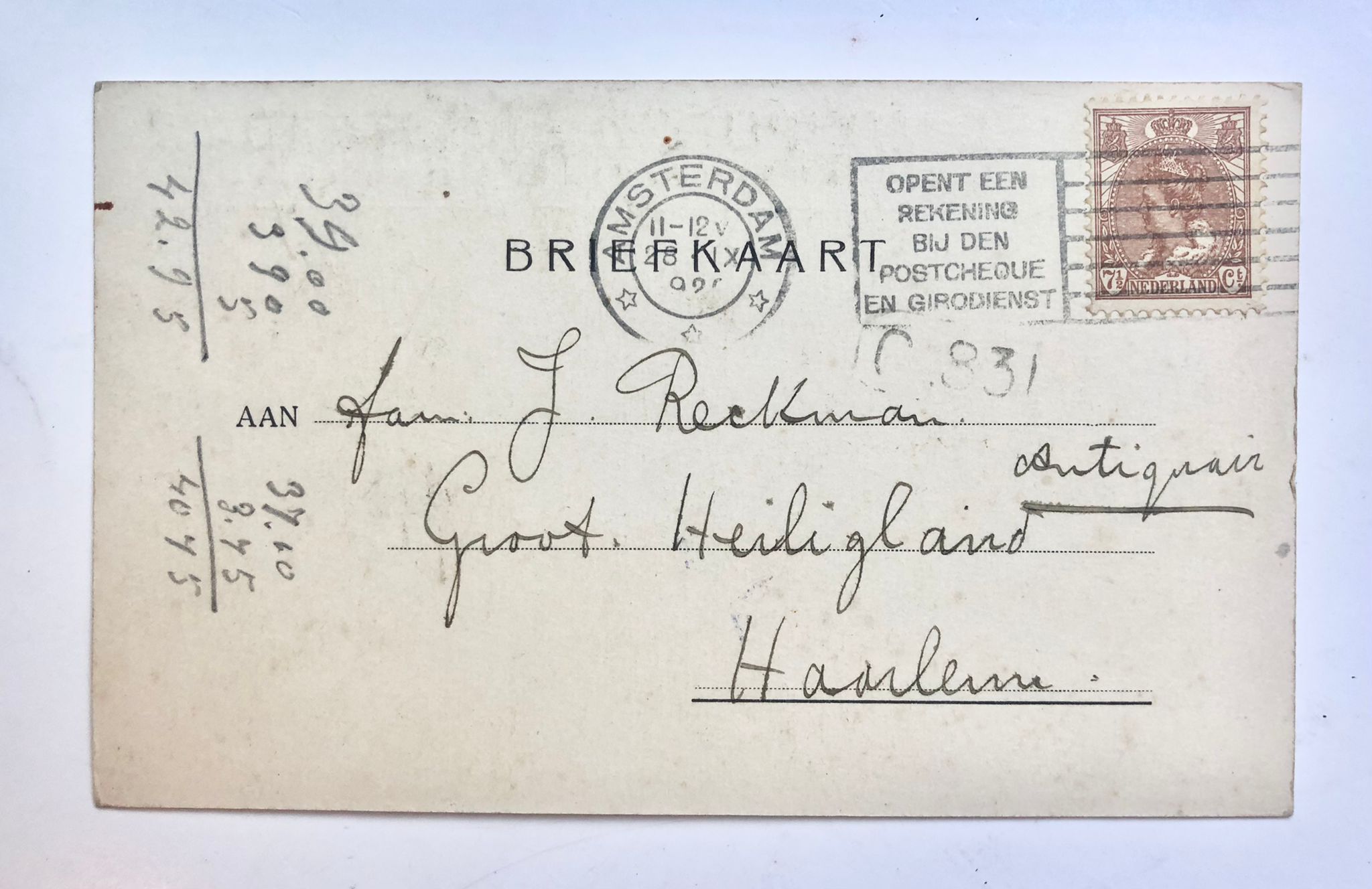 [Post card 1912] Briefkaart van Samuel Morpurgo, d.d. Amsterdam 28-9-1912 aan antiquair J. Reckman, Groot Heiligland te Haarlem. Manuscript.