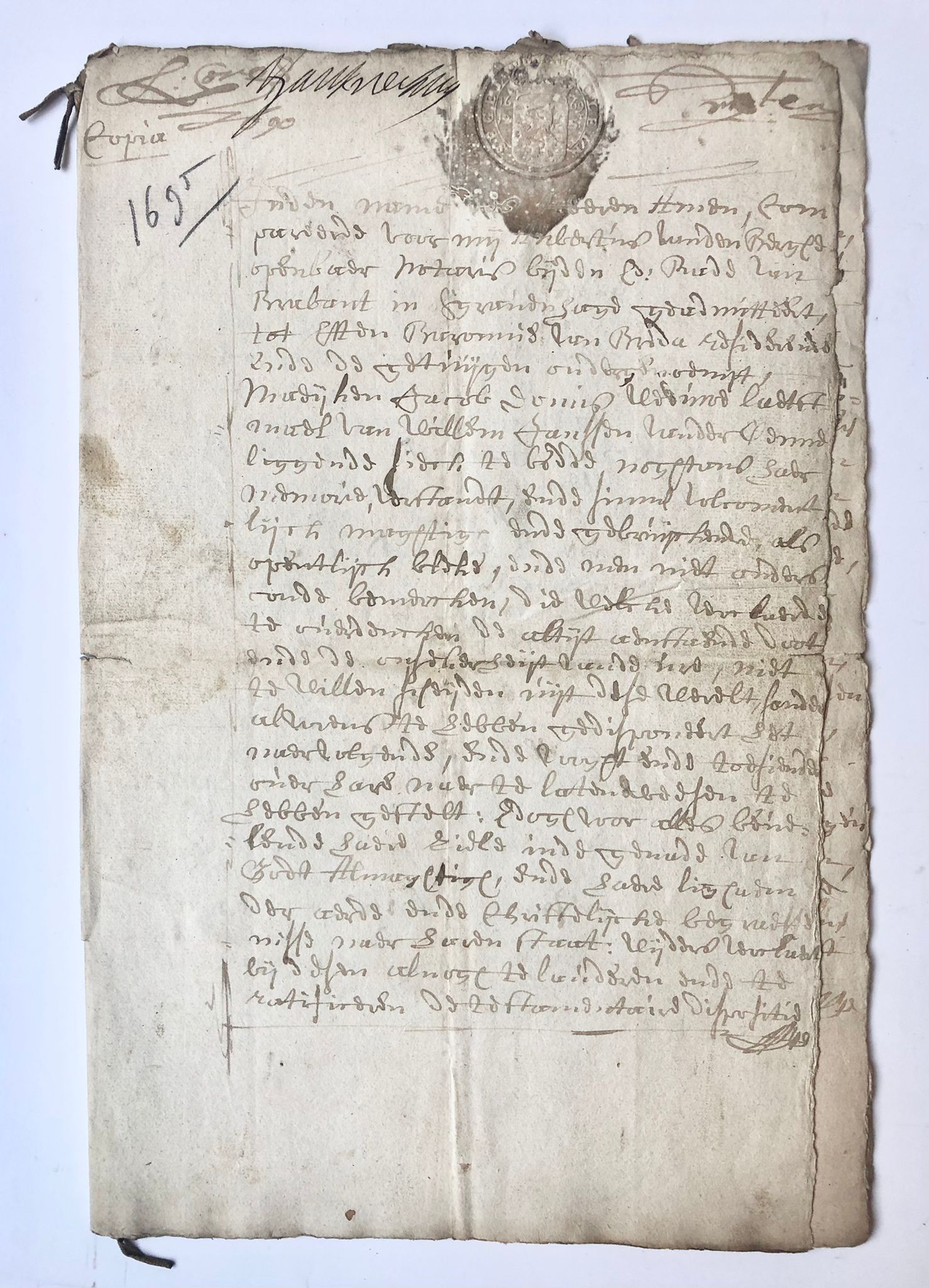  - [Testament, manuscript, 1695] Testament van Marijke Jacobs Domis(?), laatst weduwe van Willem Janssen van der Venne, verleden in 1695 voor notaris A. van der Berghe te Etten. Manuscript, folio, 6 pag., met opgedrukt zegel.