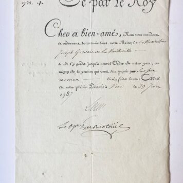 [Manuscript, military 1787] Order tot inkwartiering (in French languages) van Maximilien Joseph Gervais de la Vieilleville, 1787. Manuscript (deels gedrukt), folio, 2 pag.