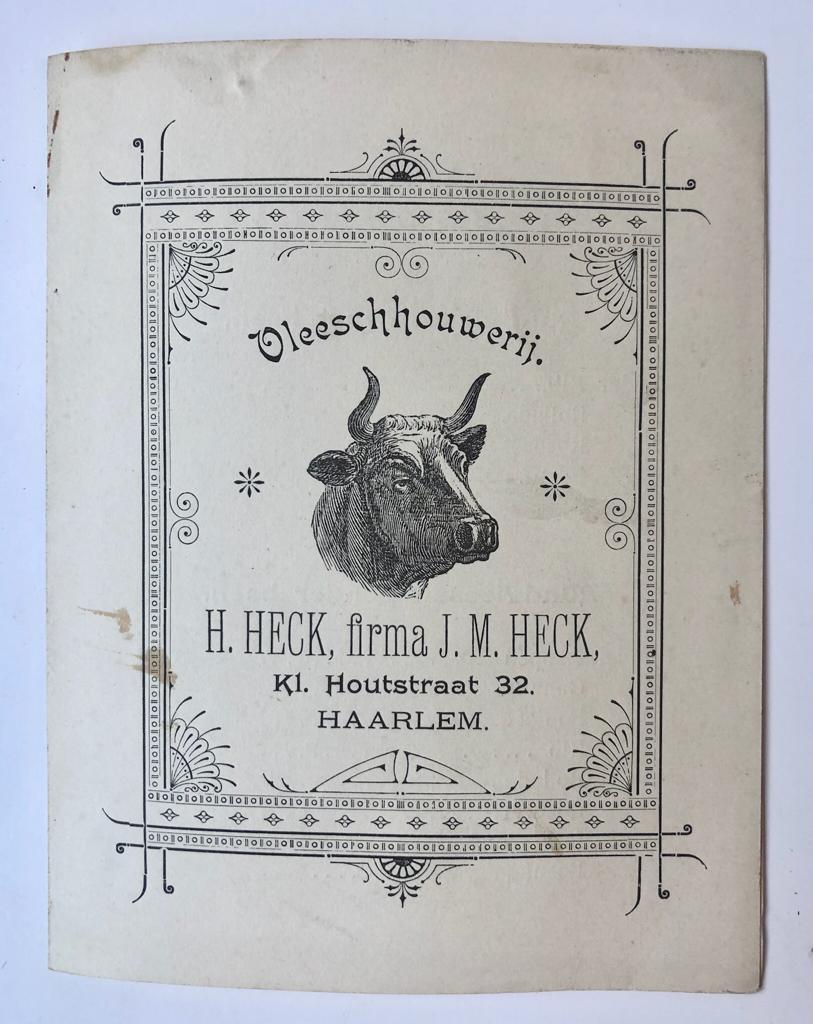  - HECK; HAARLEM --- Prijscourant van Vleeschhouwerij H. Heck, fa. J.M. Heck, Kleine Houtstraat 32, Haarlem, ca. 1920? 4 pag., gedrukt.