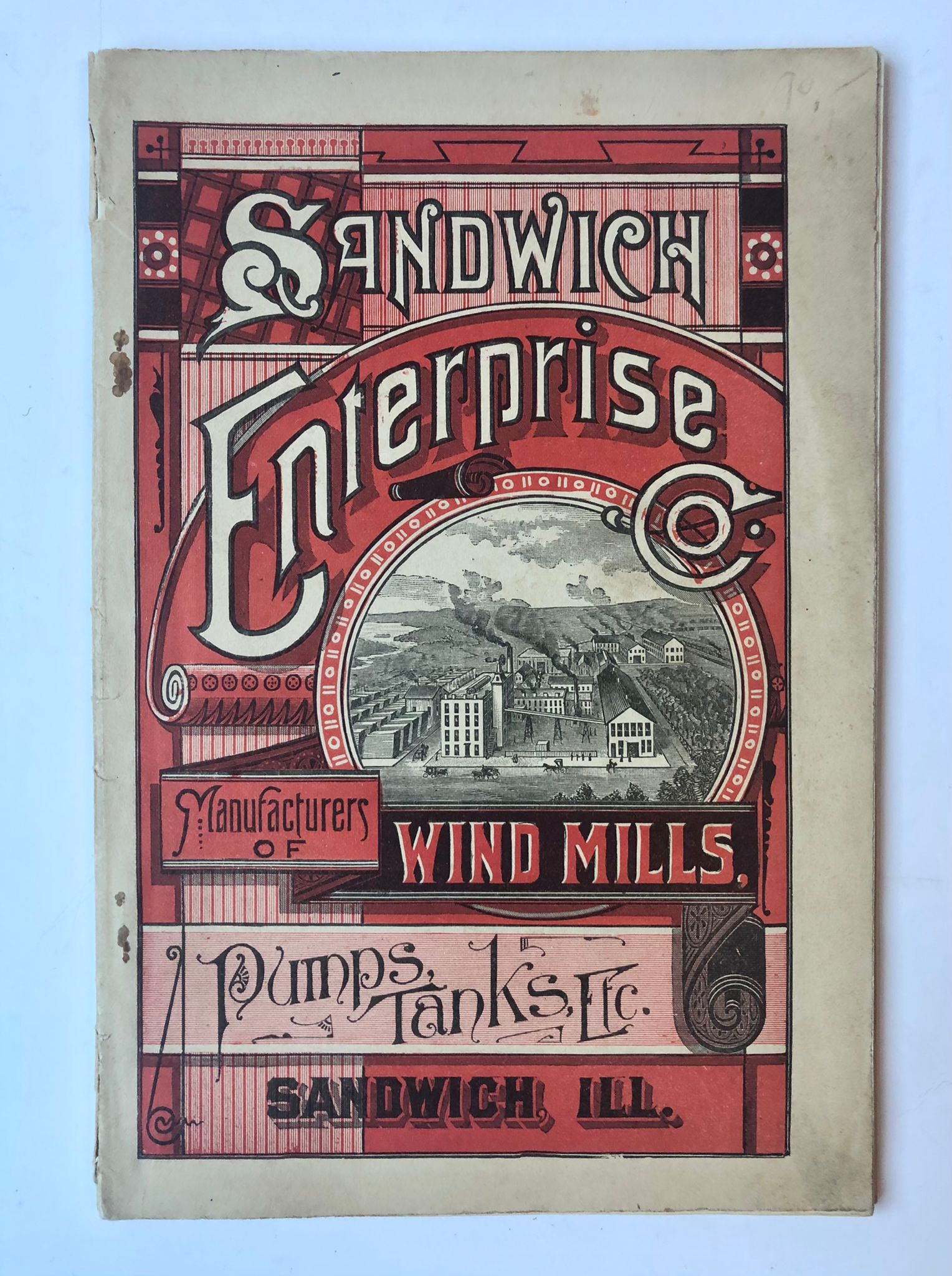 [Science, windmills, waterpumps [1890]] Prospectus Sandwich Enterprise. Manufacturers of Wind mills, pumps, tanks etc. Sandwich Ill. Z. j. (ca. 1890?), 64 pag., geillustreerd.