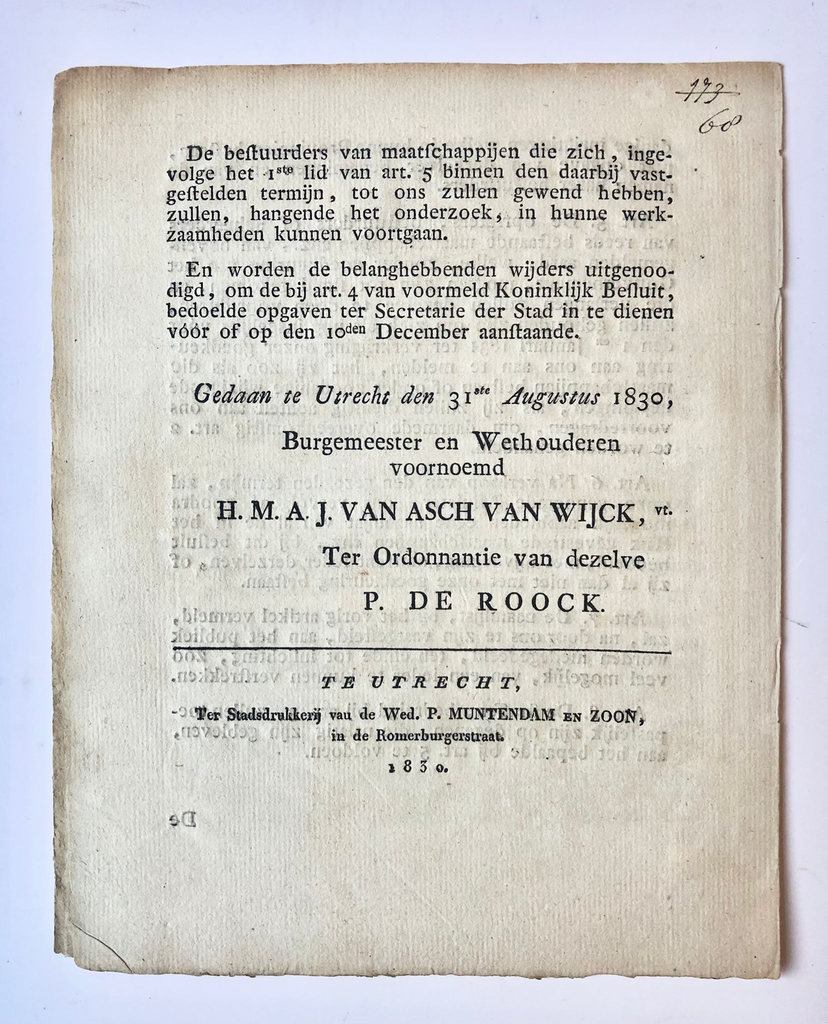 [Insurance company, 1830] Kennisgeving door B en W van Utrecht, d.d. 31-8-1830, betr. het oprichten van levensverzekeringsmaatschappijen. 4°, gedrukt, (4) pag.