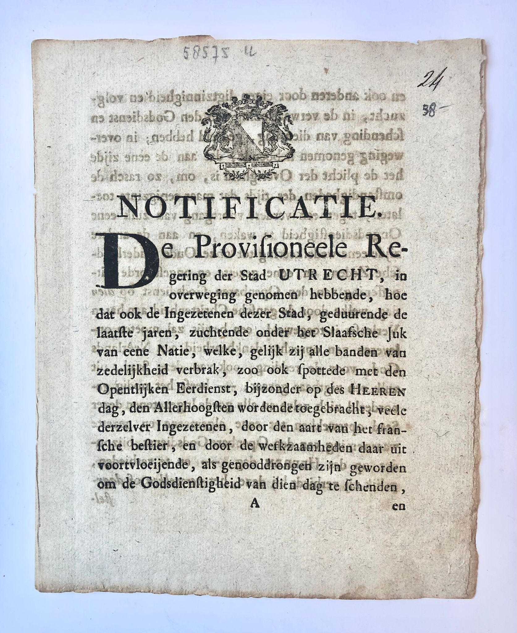[Sunday rest 1814, zondagsrust] Notificatie van de Prov. Regering van de stad Utrecht, d.d. 10-1-1814, betr. zondagsrust. 4°, gedrukt, (4) pag.