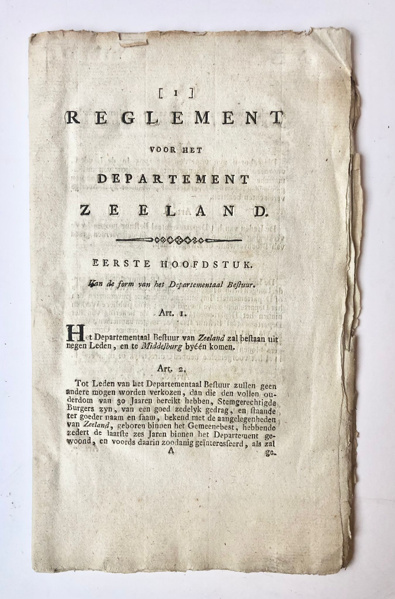 [Zeeland, [1802]] [1] Reglement voor het departement Zeeland, Eerste hoofdstuk van de form van het Departement Bestuur, [s.n., s.l. [1802], 17 pp.