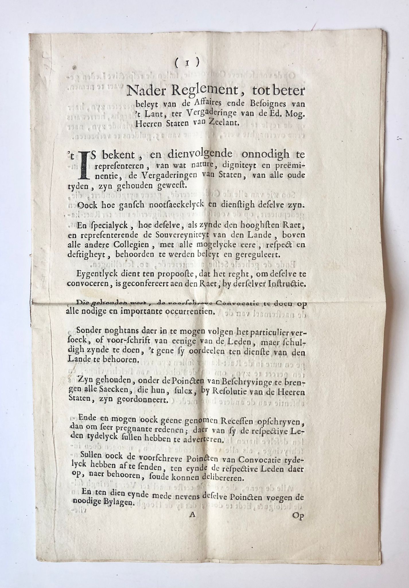 [Zeeland, Rare, [1702]] [1] Nader Reglement, tot beter beleyt van de Affaires ende Besoignes van ’t Lant, ter Vergaderinge van de Ed. Mog. Heeren Staten van Zeelant, [1702], 7 pp.