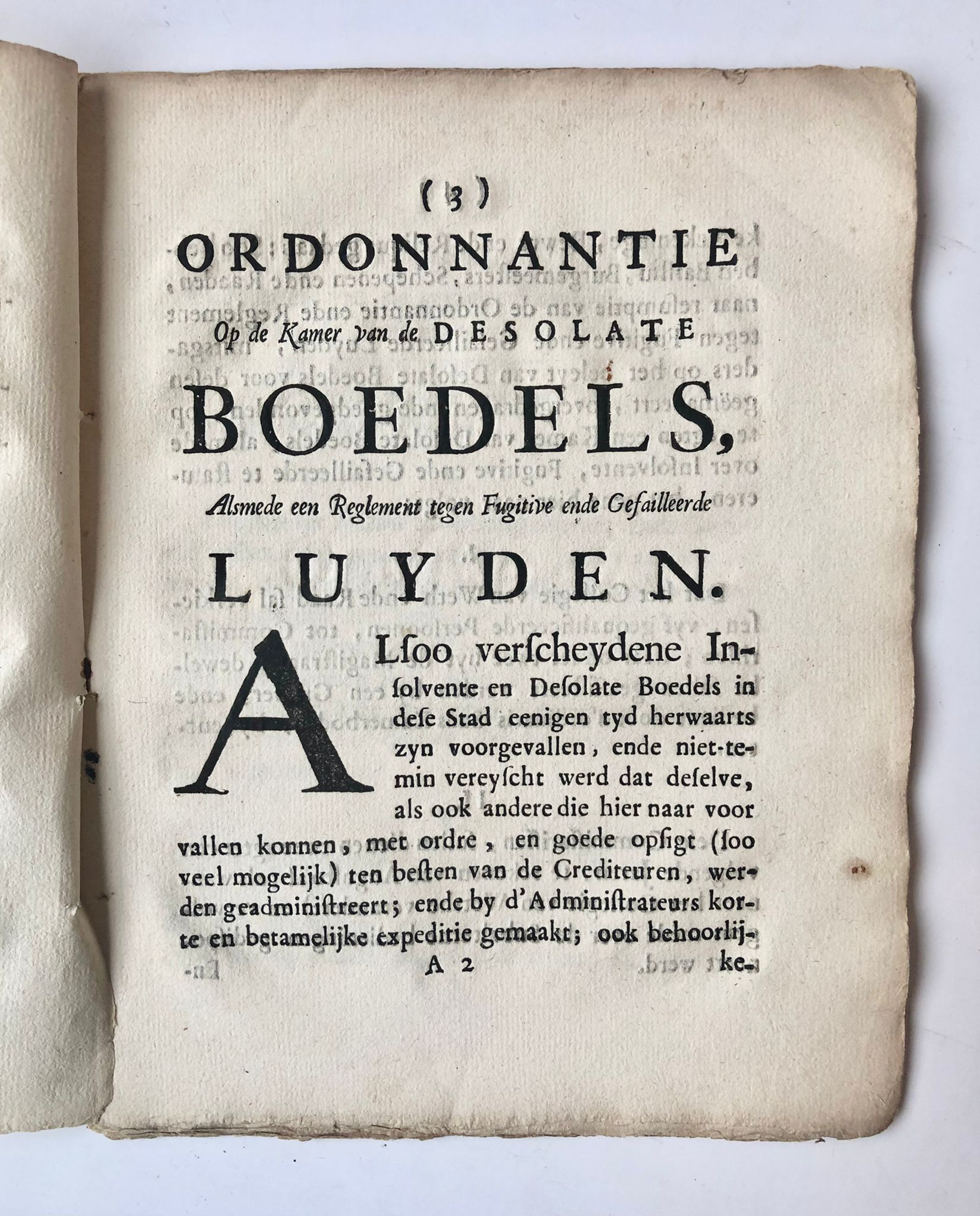 [Zeeland, ca 1760] Ordonnantie op de Kamer van de desolate Boedels, Alsmede een Reglement tegen Fugitive ende Gefailleerde Luyden, Gedrukt by Willem de Klerk, tot Middelburg, [20 Aug. 1661. Vernieuwt: 7 July 1708], 24 pp.