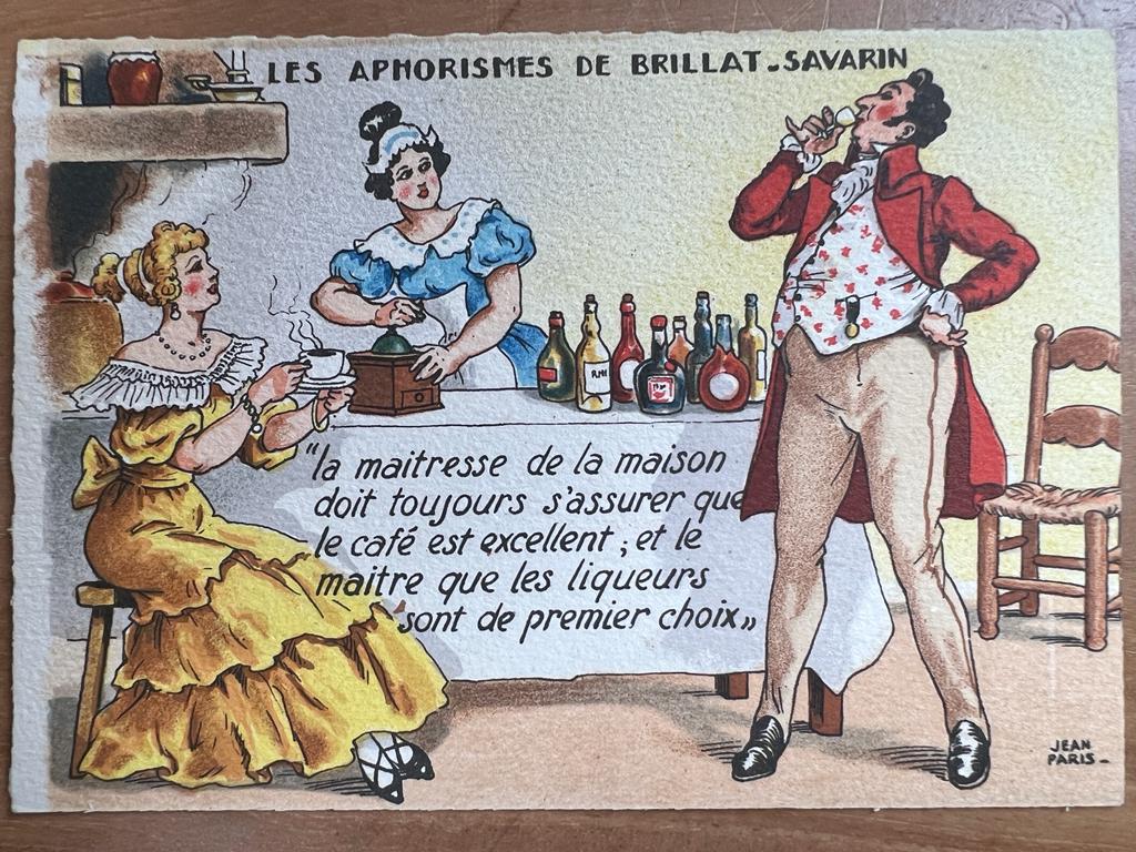 [Vintage menu/postcard, ca 1950] Les Aphorismes de Brillat-Savarin by Jean Paris, 100 x 150 mm. Vintage chromo print.