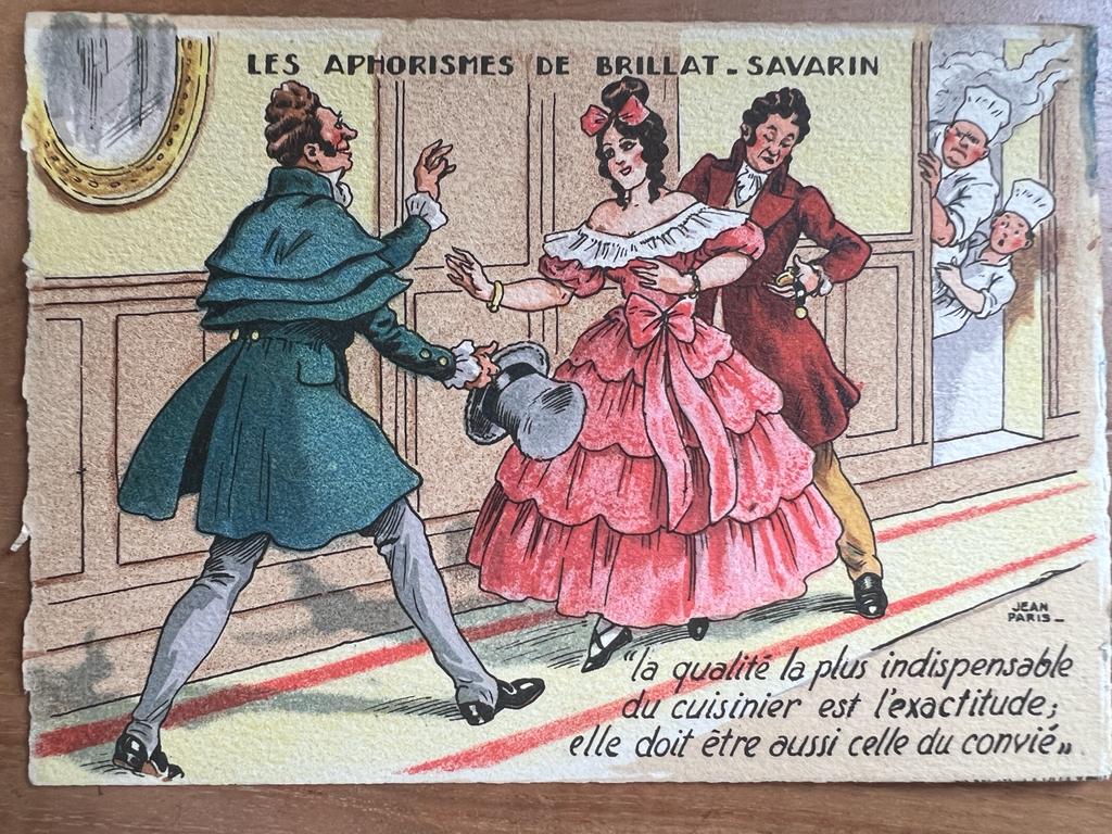 [Vintage menu/postcard, ca 1950] Les Aphorismes de Brillat-Savarin by Jean Paris, 100 x 150 mm. Vintage chromo print. cuisinier.