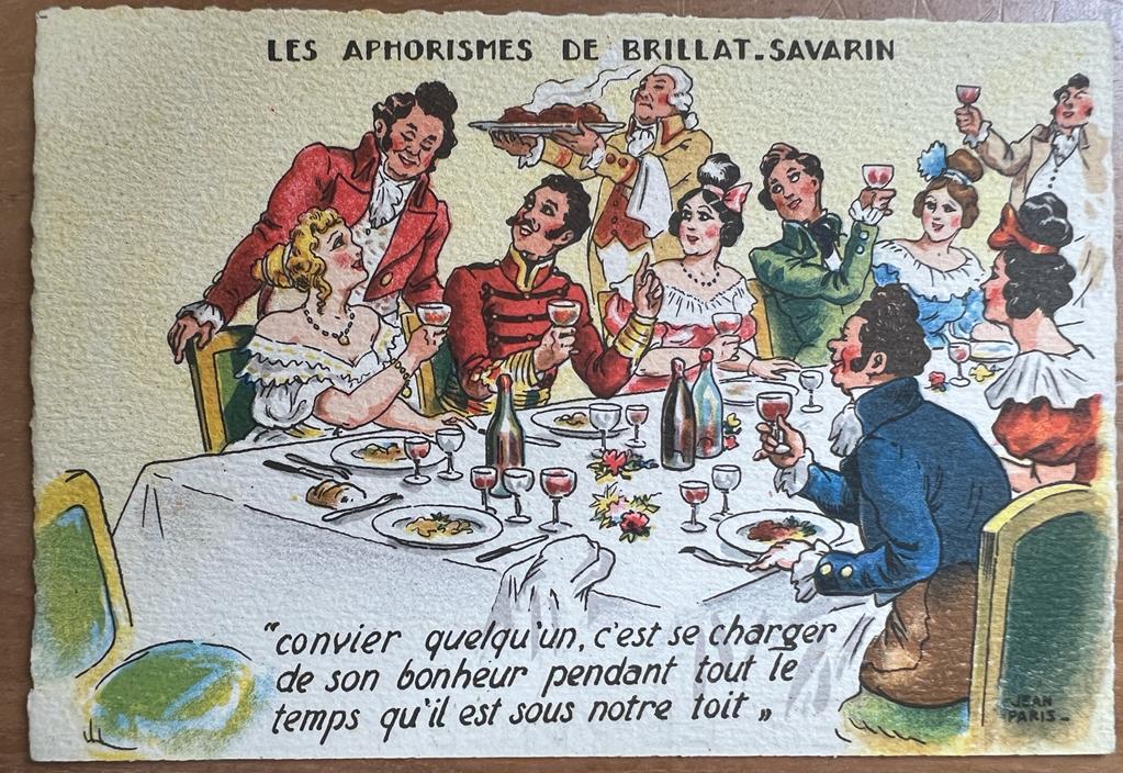 [Vintage menu/postcard, ca 1950] Les Aphorismes de Brillat-Savarin by Jean Paris, 100 x 150 mm. Vintage chromo print. Convier.