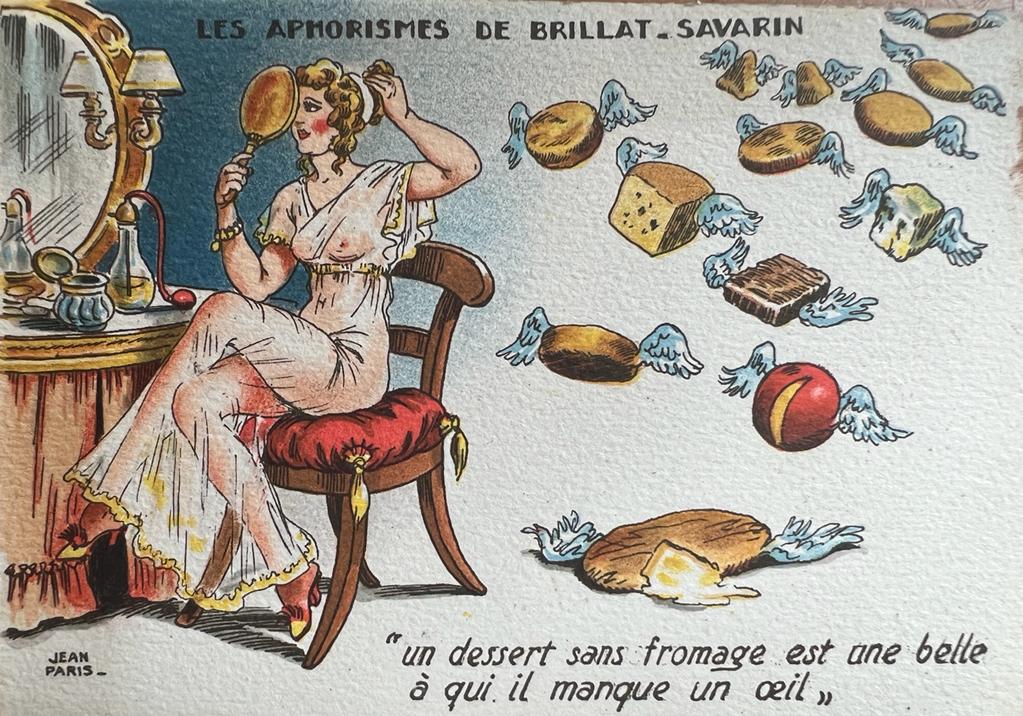 [Vintage menu/postcard, ca 1950] Les Aphorismes de Brillat-Savarin by Jean Paris, 100 x 150 mm. Vintage chromo print. fromage.