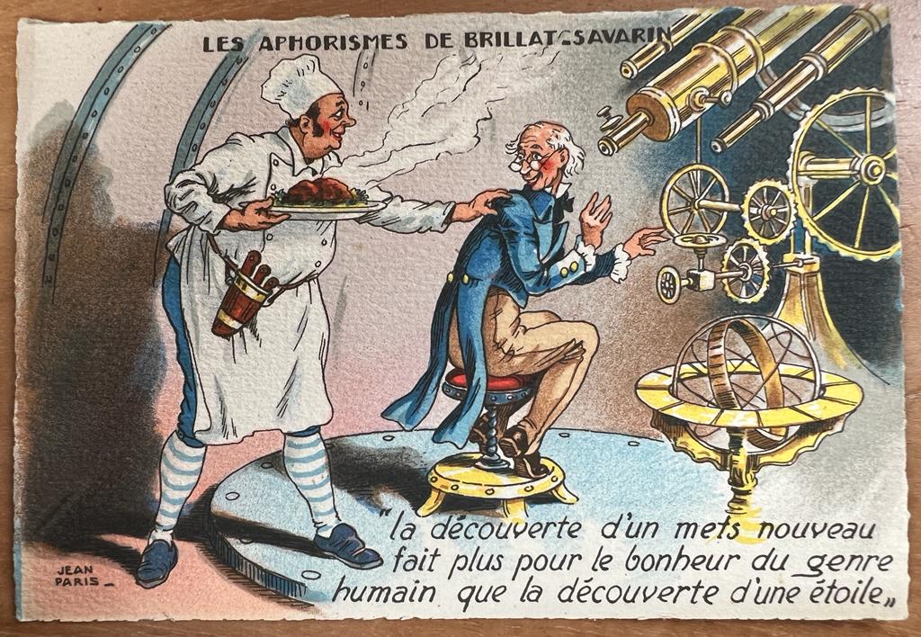 [Vintage menu/postcard, ca 1950] Les Aphorismes de Brillat-Savarin by Jean Paris, 100 x 150 mm. Vintage chromo print. Etoile.