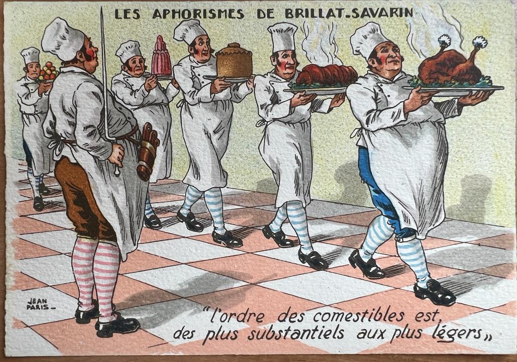 [Vintage menu/postcard, ca 1950] Les Aphorismes de Brillat-Savarin by Jean Paris, 100 x 150 mm. Vintage chromo print. Comestibles.
