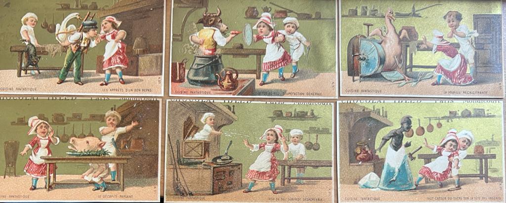 [6 Vintage cards, chocolat, chromos, 20th century, food] Cuisine Fantastique, La volaille recalcitrante etc. each 65 x 100 mm.