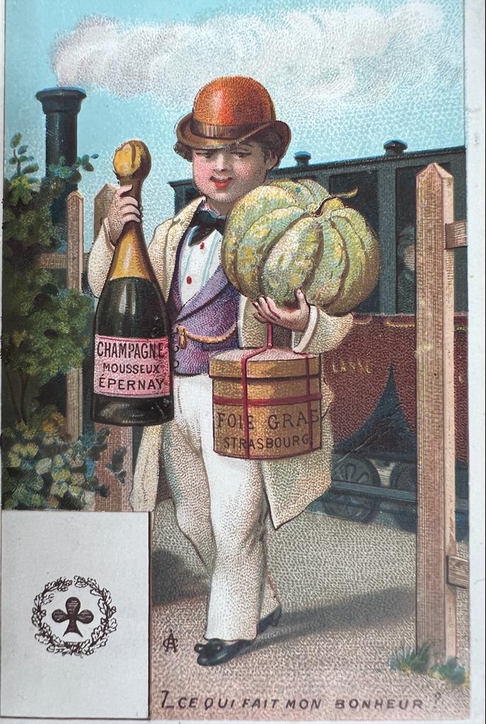 [Vintage card, champagne, 20th century] Ce que fait mon bonheur! [Man with champagne from Epernay, foie gras and pumpkin], 1 p.
