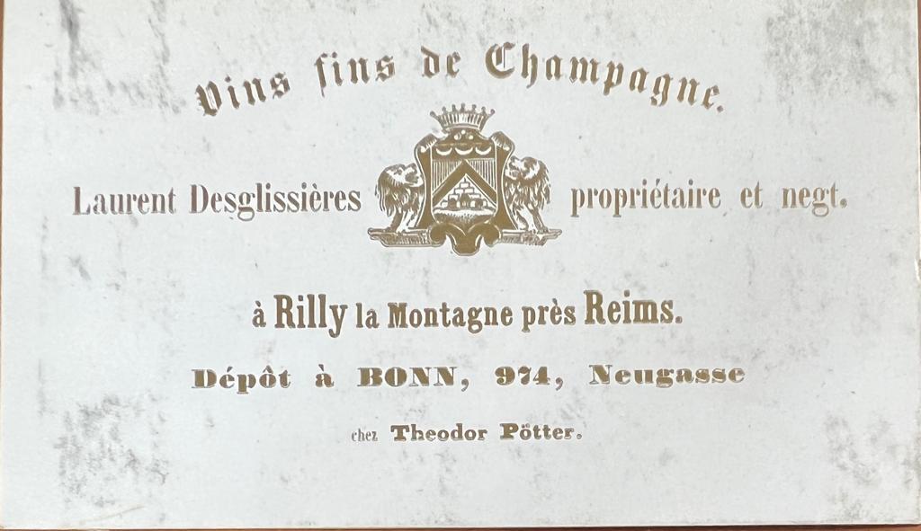 [Vintage champagne card, advertisement, 20th century, wine] Vins fins de champagne, Laurent Desglissières a Rilly, la Montagne près Reims, depot a Bonn, 974, Neugasse chez Theodor Potter, 1 p.