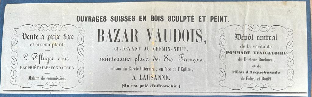 [Vintage advertisement, 20th century, Switzerland] Old advertisement Ouvrages Suisses en bois sculpté et peint. Bazar Vaudois, a Lausanne, 1 p.