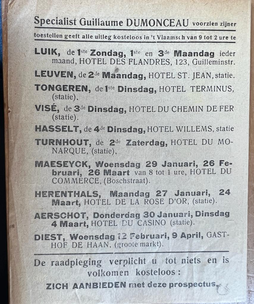 [Vintage booklet, 20 th century, medical] Breuken: genezing zonder operatie, specialist Albert Dumonceau, Brussel-Zeehaven, Drukkerij De Leeuw Deerlijk, 4 pp.