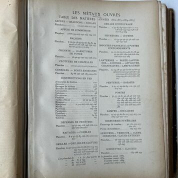 Les metaux ouvres. Balcons, rampes, marquises, grilles, portes (......) fonte, etc. quatrieme annee, Paris, Storck 1885, half leather, back repaired.