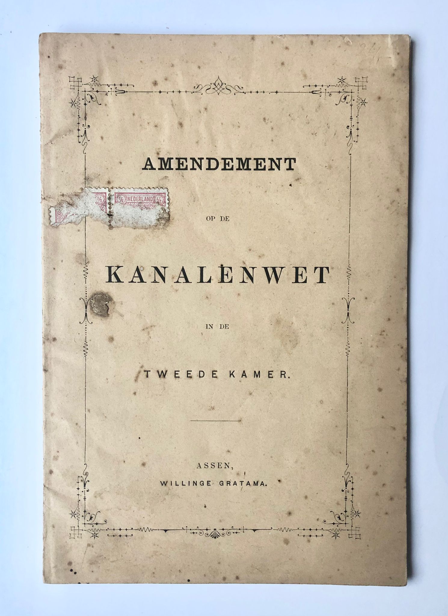 [Drenthe, 1880] Amendement op de kanalenwet in de Tweede Kamer, Willinge Gratama, Assen, 1880, 11 pp.
