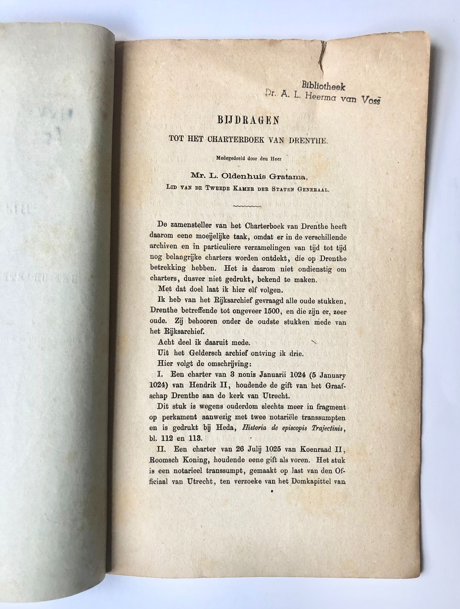[Drenthe] Bijdragen tot het charterboek van Drenthe, (Overgedrukt uit de Kroniek van het Historisch Genootschap te Utrecht, XXXI. Jaarg. 1875), Meedegedeeld door den Heer L. Oldenhuis Gratama, 16 pp.