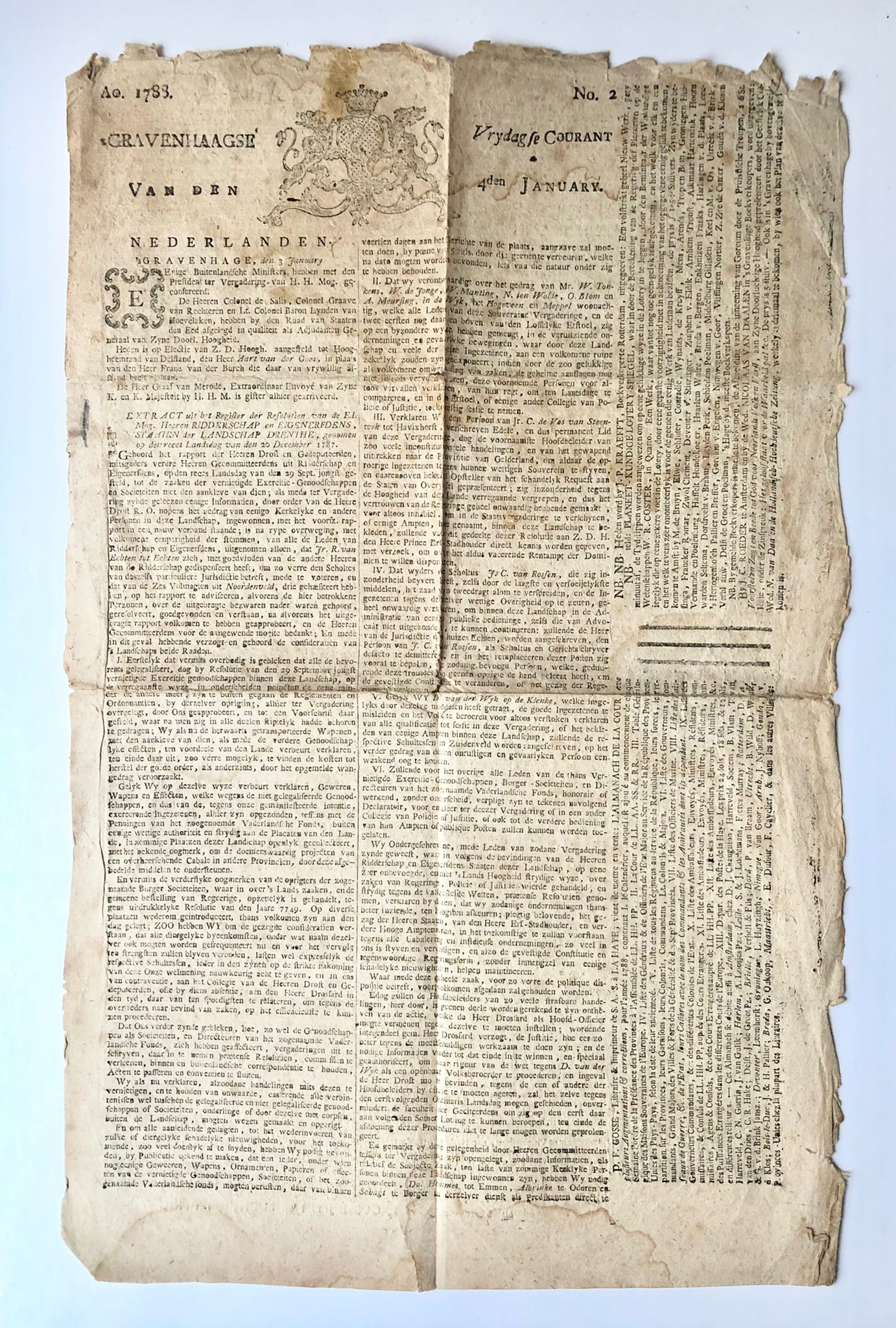 [Drenthe, Den Haag] ’s Gravenhaagse Vrydagse Courant, van den 4den January, Ao. 1788, No. 2, 2 pp.