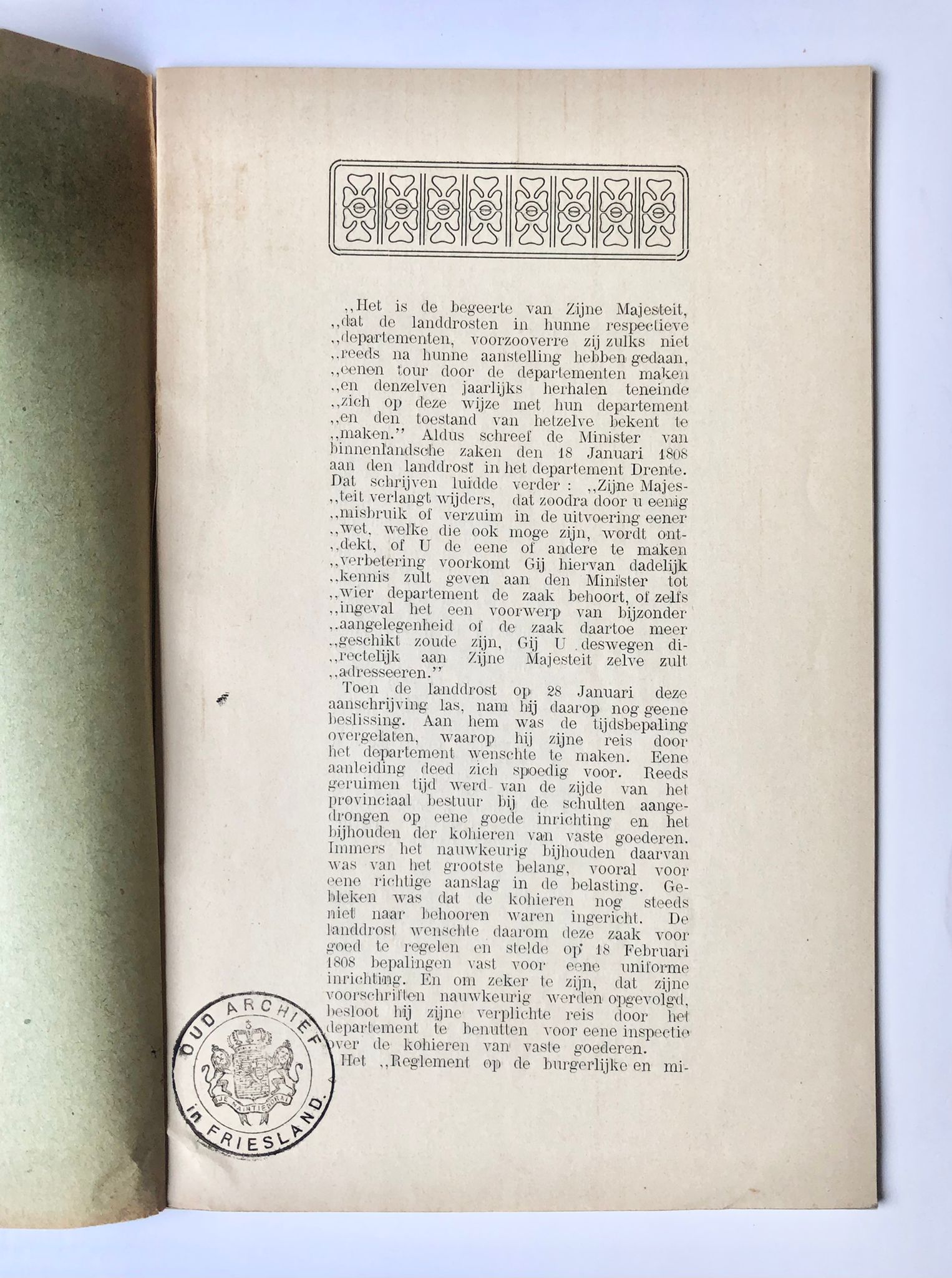 [Drenthe] Een inspectiereis van den Landdrost Mr. Petrus Hofstede door Drente 1808, overgedrukt uit de Prov. Dr. En Asser Courant, Assen, 1911, 22 pp.