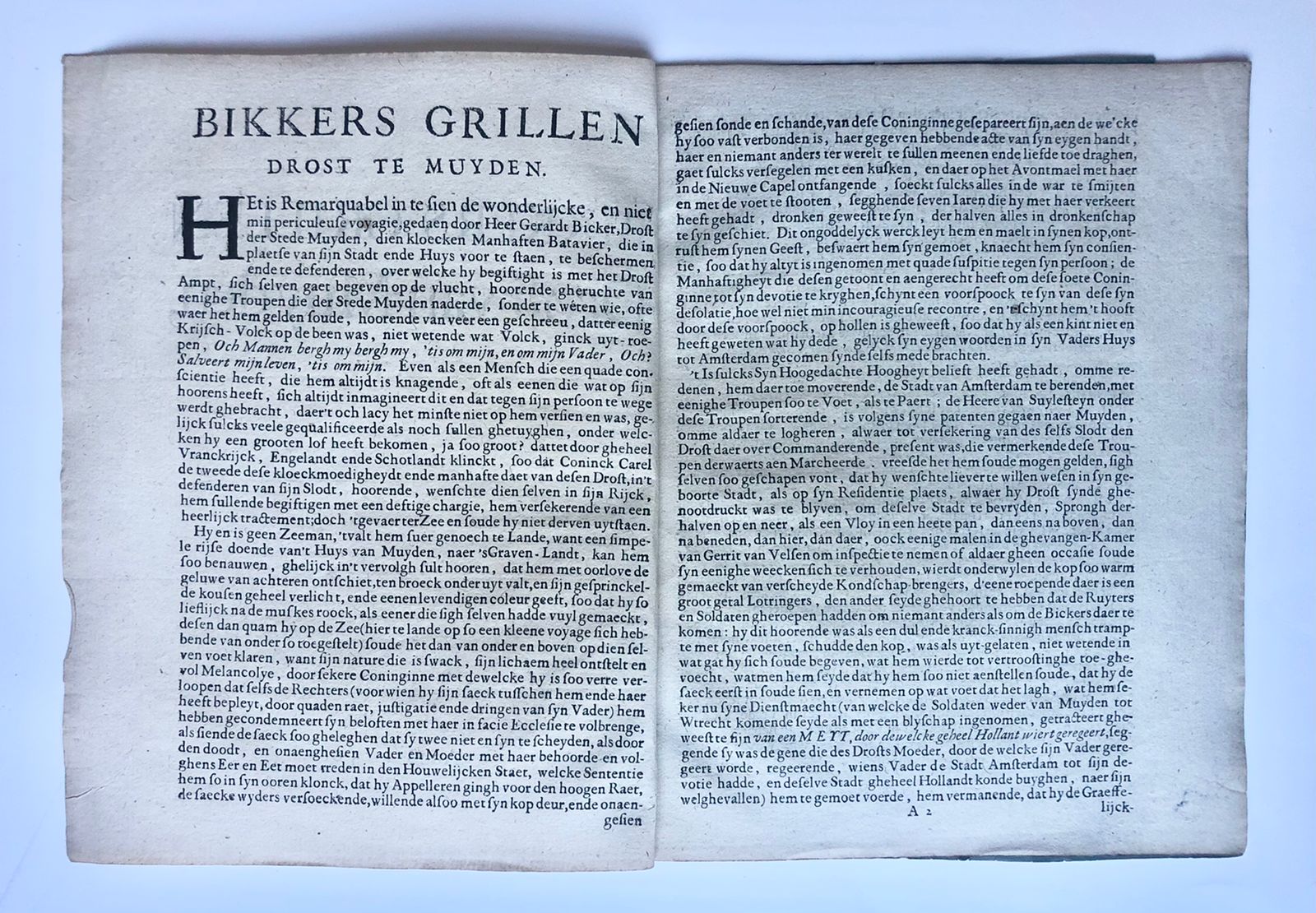 [Rare antique pamphlet, Noord-Holland, Muiden, 1650] Bikkers Grillen, Drost van Muyden, Den 30 July, Anno 1650, 4 pp.