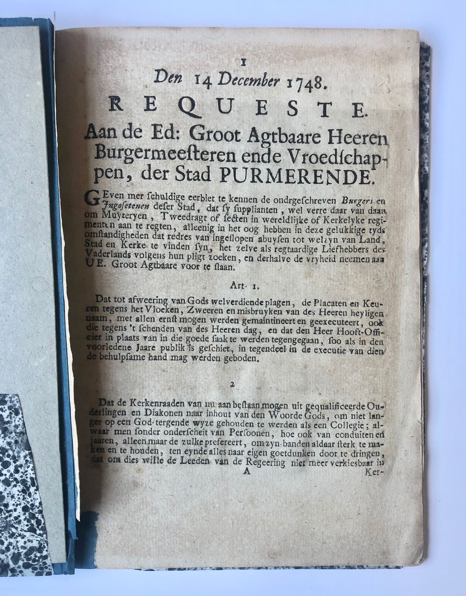[Rare pamphlet, Purmerend, Noord-Holland, [1748]] Requeste. Aan de Ed: Groot Agtbaare Heeren Burgemeesteren ende Vroedschappen, der Stad Purmerende. Den 14 December 1748, 7 pp.