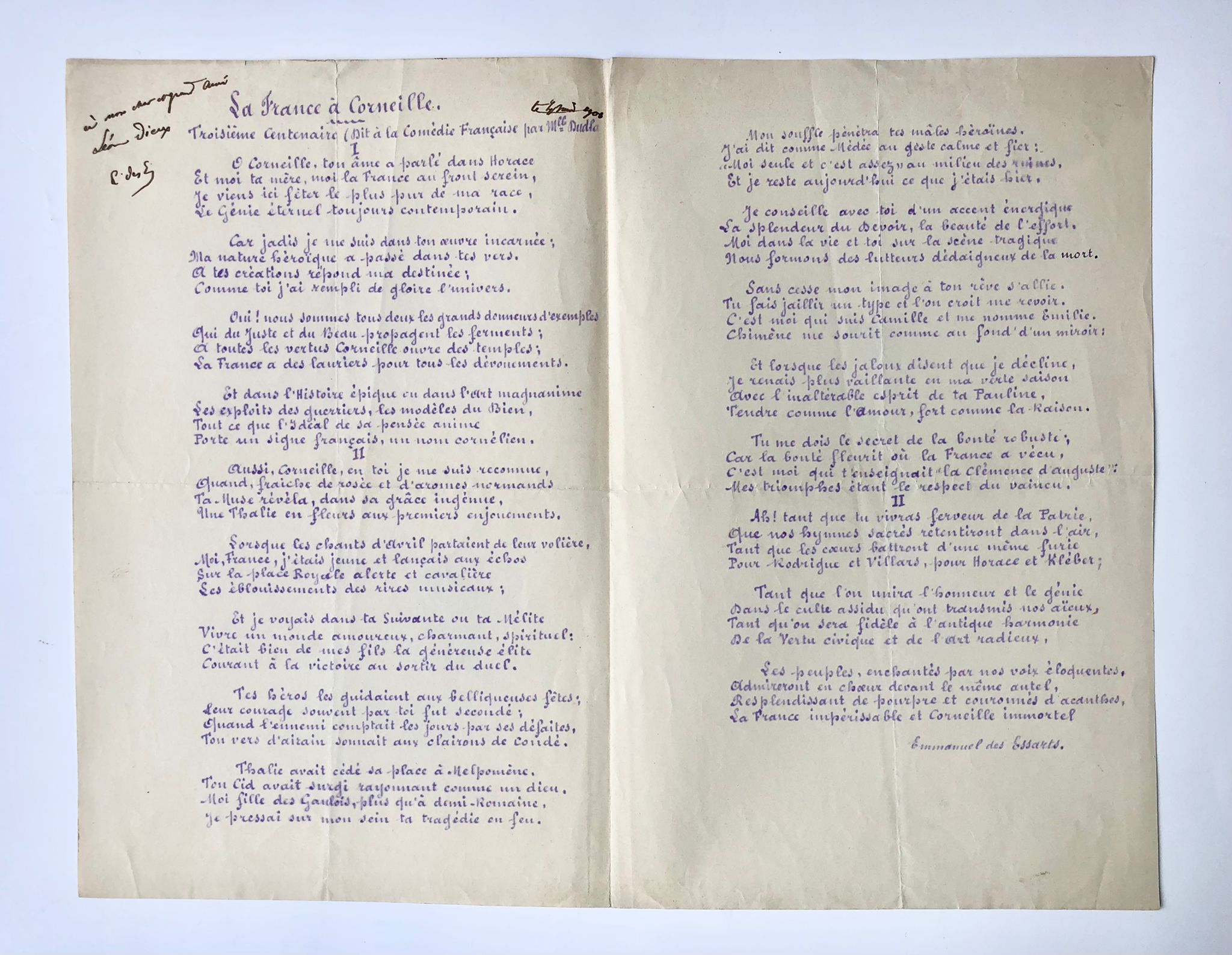  - [France, 1906] Gedicht 'La France a Corneille' door Emmanuel des Essarts. Lichtdruk van handschrift, folio, 2 pag. Met opdracht in pen van Des Essarts aan Leon Dierx, 1906.