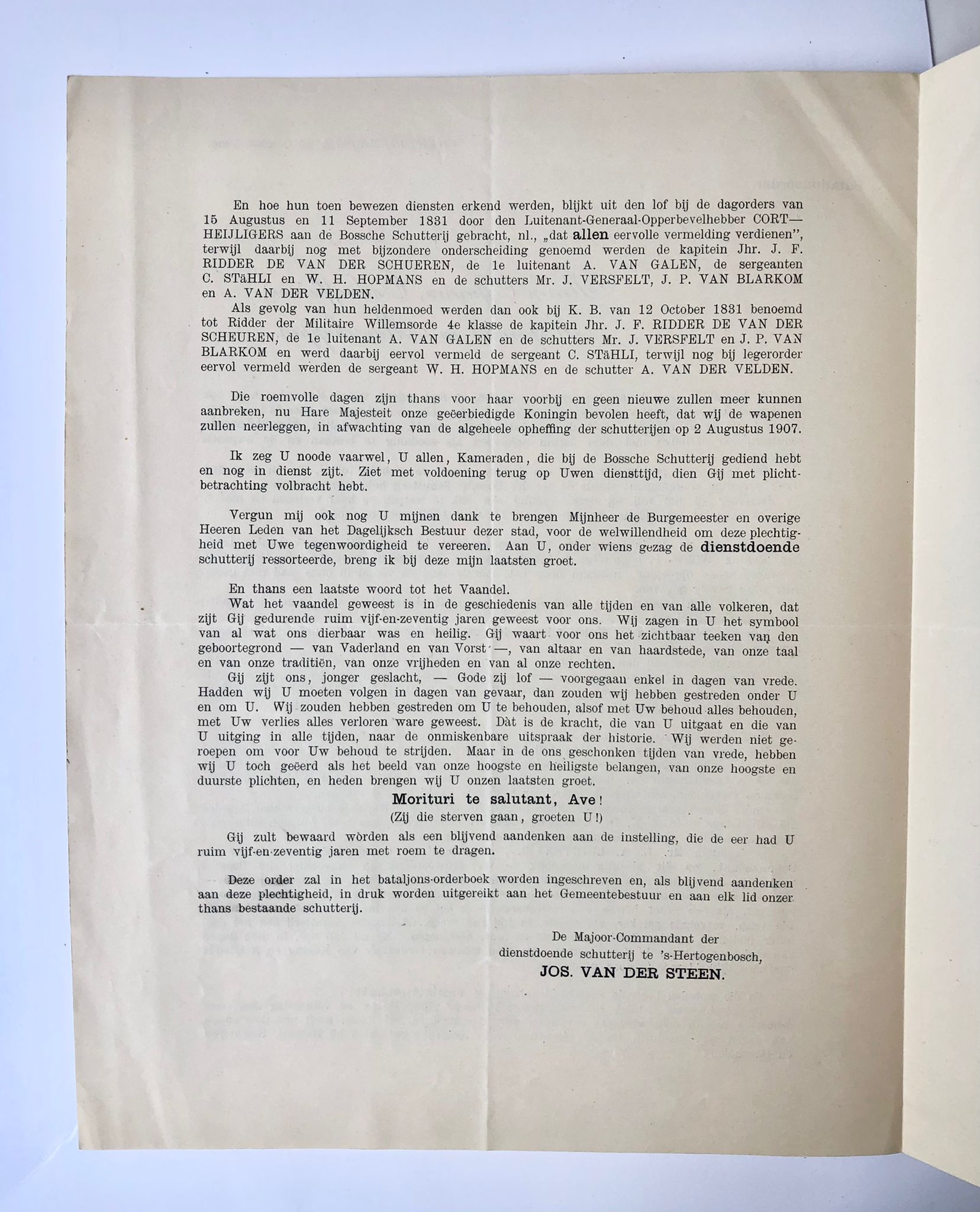 - [Military, printed letter 1906] Gedrukte brief van Jos van der Steen, commandant van de schutterij te 's Hertogenbosch, betr. opheffing van de schutterij aldaar, d.d. 's Hertogenbosch 1906. 2 pag.