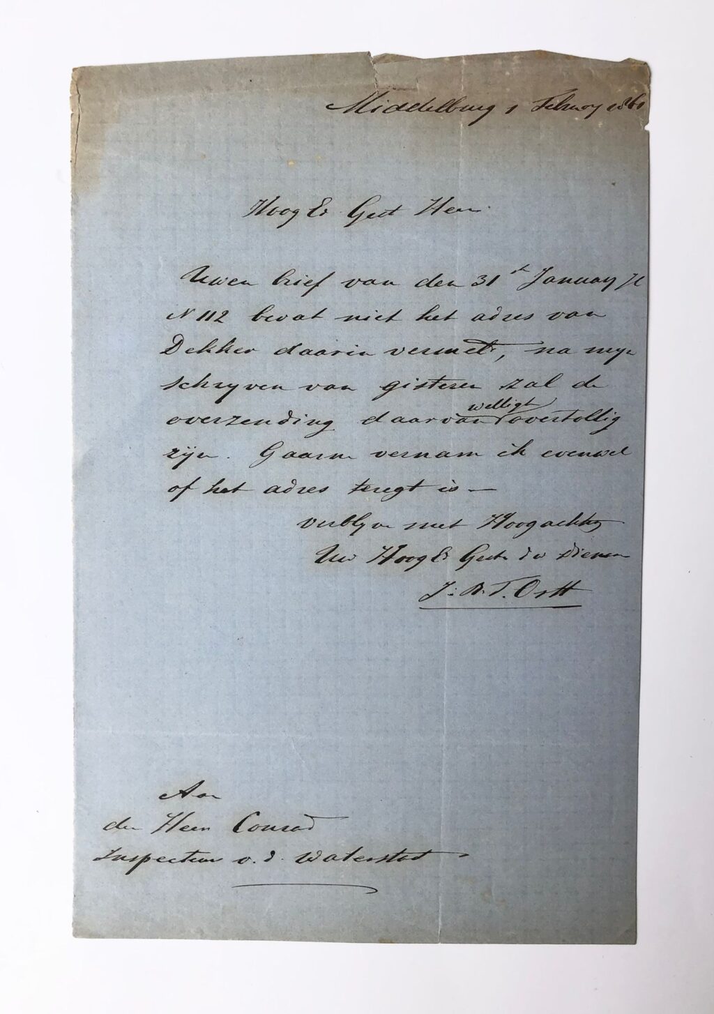 [Manuscript 1861] Briefje van J.? T. Ortt aan F.W. Conrad, d.d. Middelburg 1861, manuscript, 1 pag.