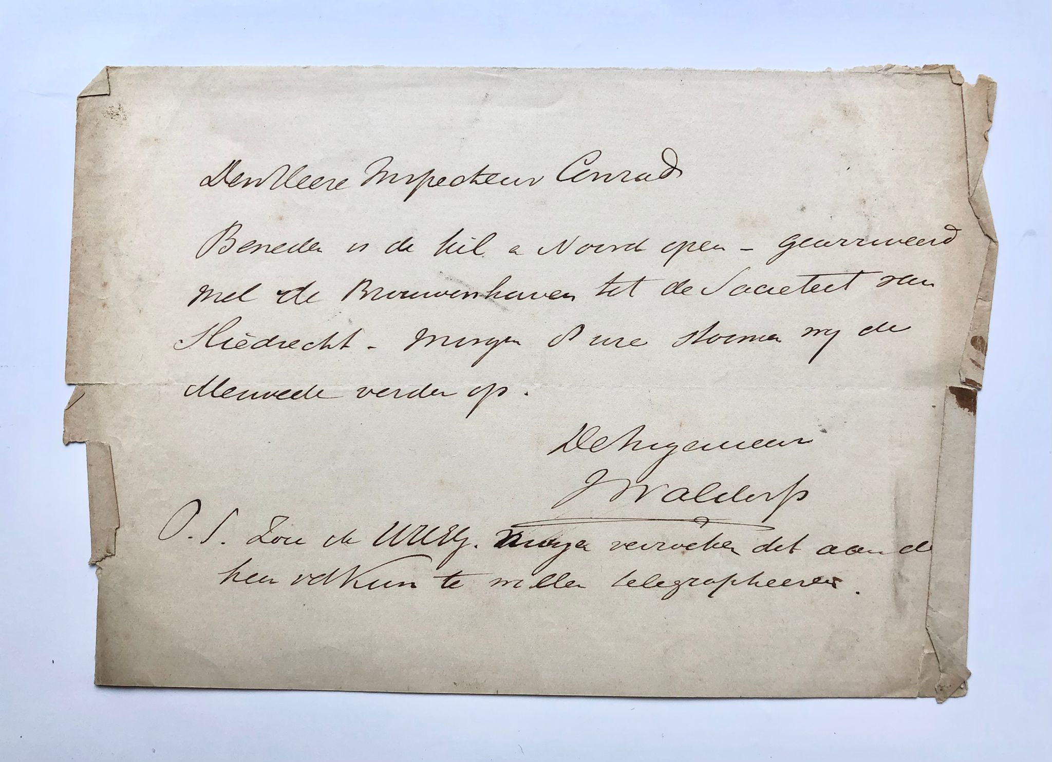  - [Manuscript 1861] Letter of J (?) Waldorp to F.W. Conrad, [s.l.] [1861], manuscript, 1 pp.