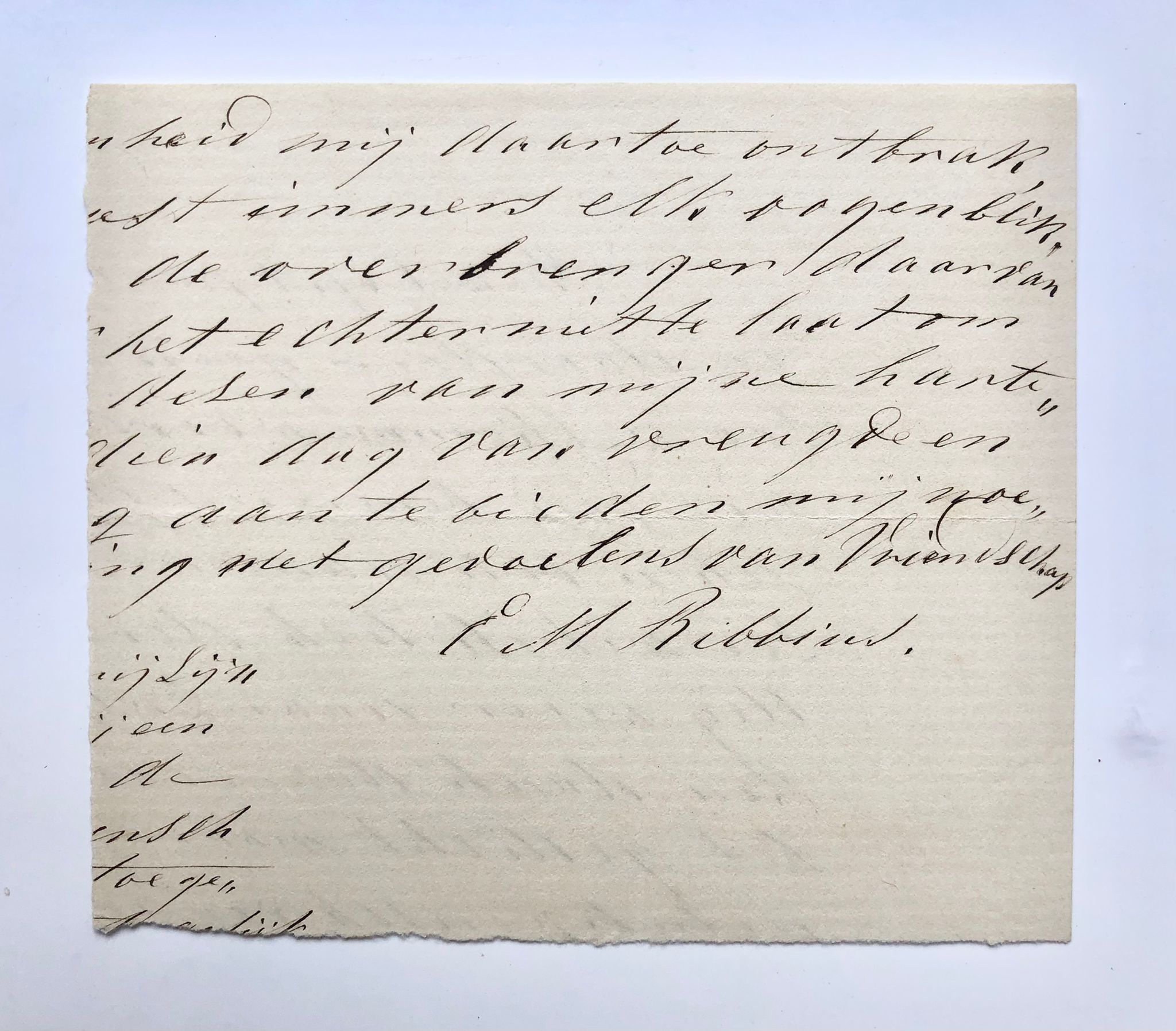  - [Manuscript, autograph] Fragment van brief met handtekening E.M. Ribbius, manuscript, 19e eeuws.