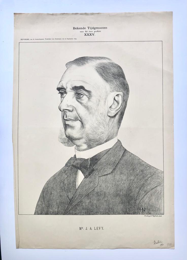 [Original lithograph/lithografie by Johan Braakensiek] Bekende Tijdgenooten naar het leven geschetst XXXV, Mr. J. A. Levy, 22 September 1895, 1 pp.