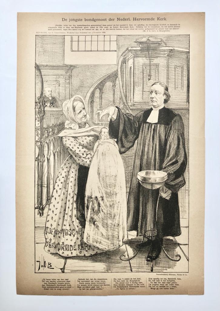 [Original lithograph/lithografie by Johan Braakensiek] De jongste bondgenoot der Nederl. Hervormde Kerk, 3 November 1889, 1 pp.