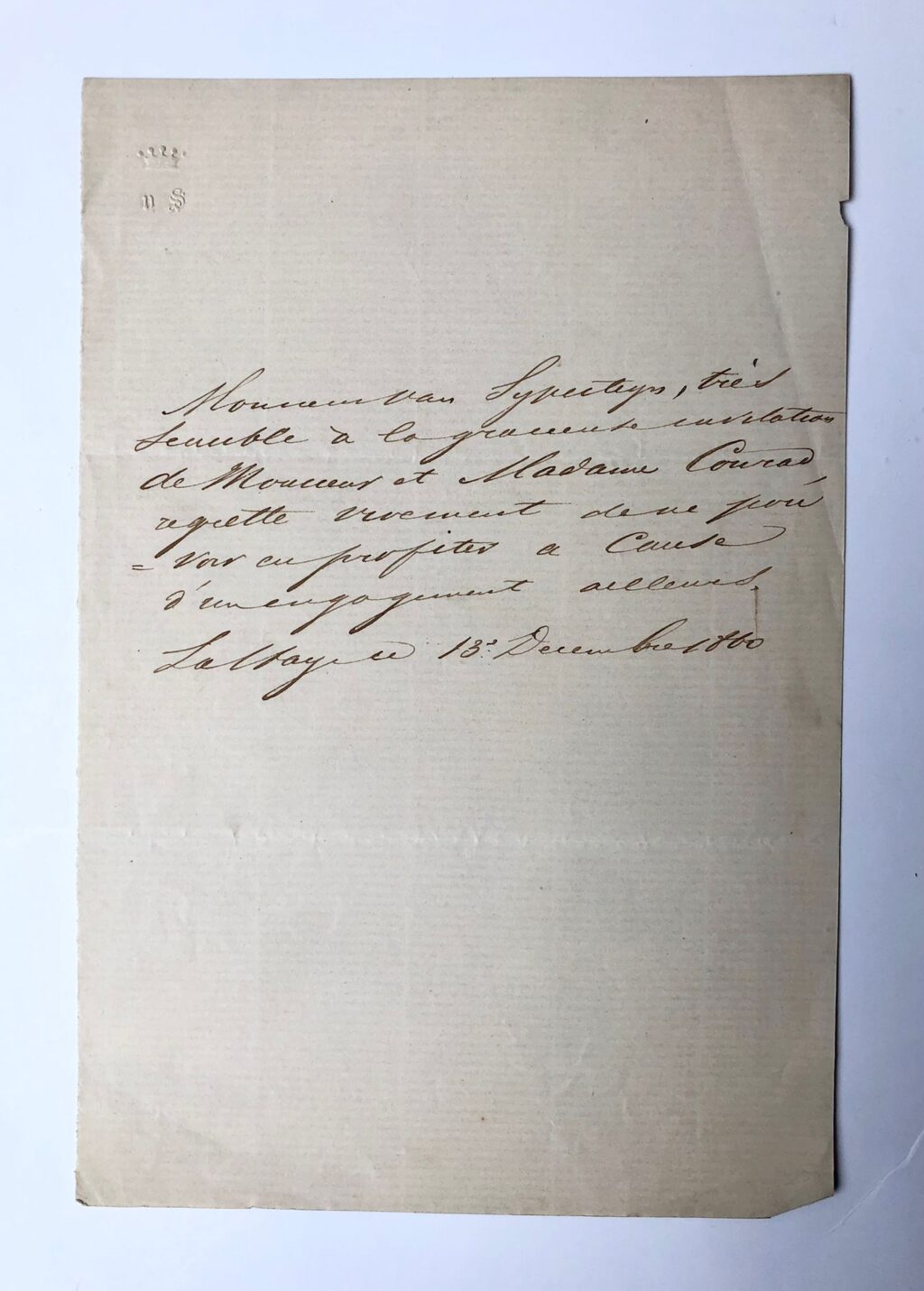 [Manuscript, 1860] Letter of Mr. Van Sijpesteijn to railroad pioneer F.W. Conrad, d.d. 's-Gravenhage 1860, manuscript, 1 p.