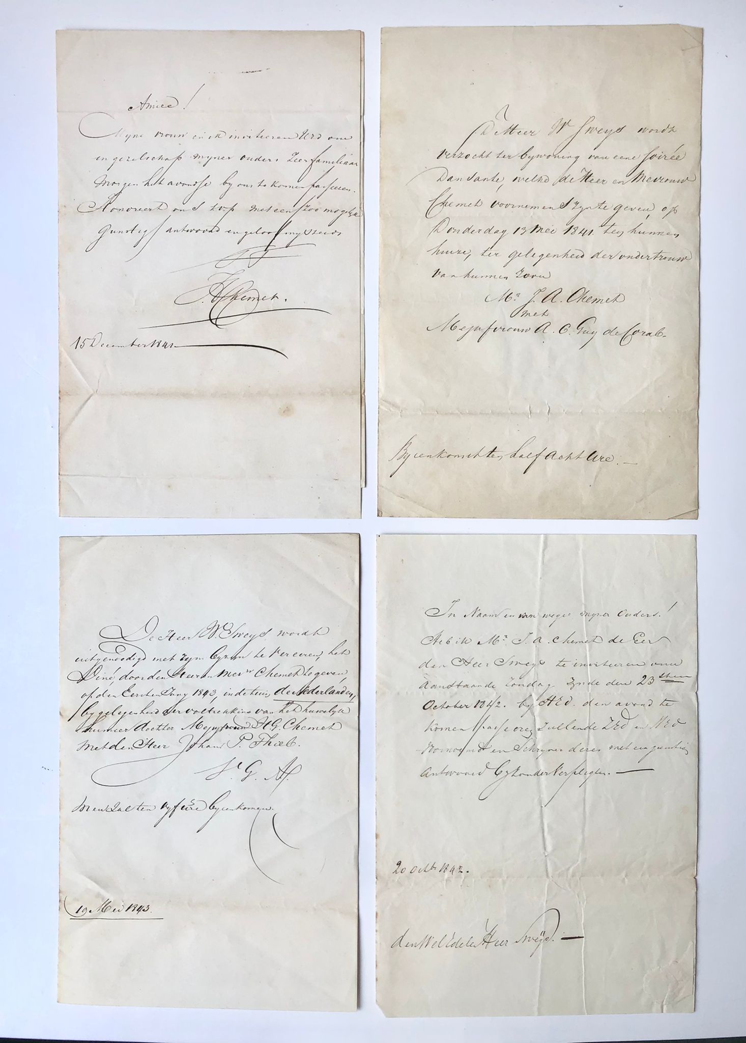  - [Manuscript 1843] Vier briefjes van Mr. J.A. Chemet, 1841-1843, aan W. Sweijs.